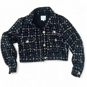 A LOVES A BLACK WHITE AND GOLD BOUCLE JACKET WITH GOLD BUTTONS SIZE SMALL